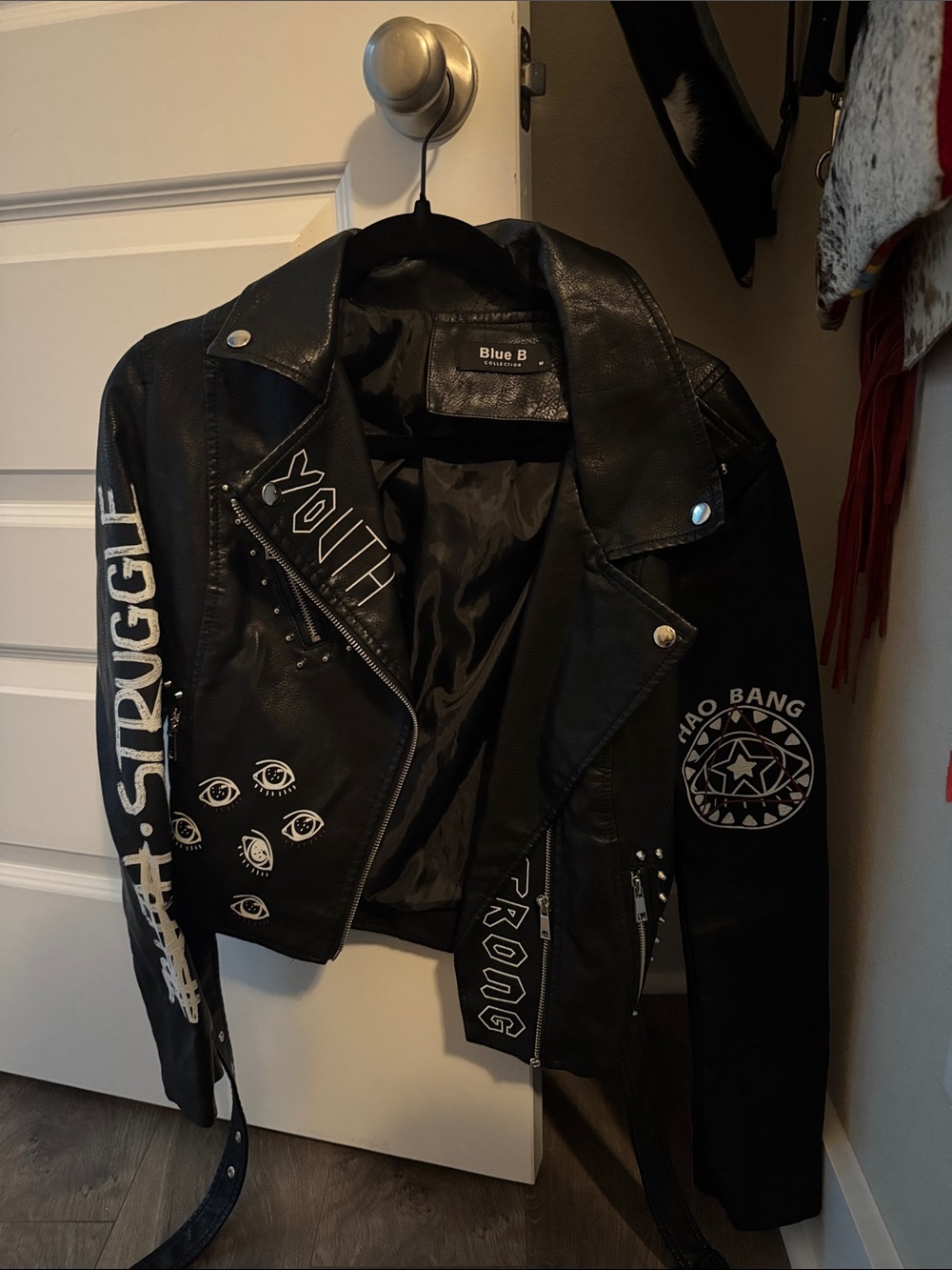 Blue B Black Graphic Leather Moto Jacket